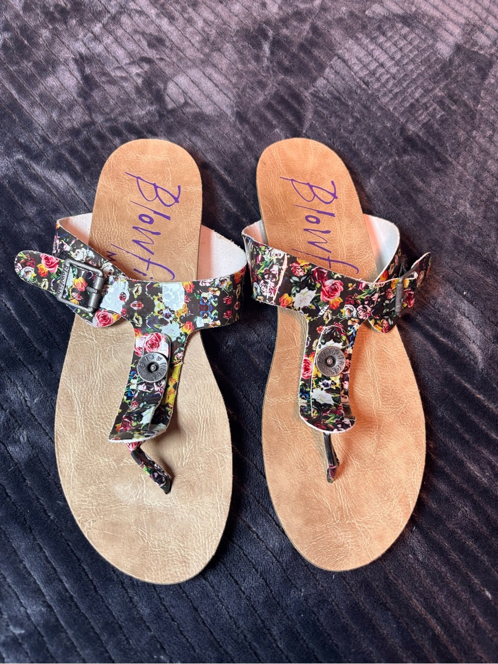 Blowfish Floral Buckle Thong Sandals in Multi and Tan